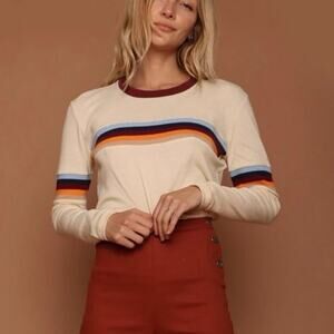 Cream Long-Sleeve Stripe Tee with Retro Rainbow Detail